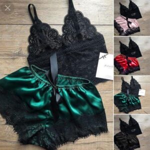 Conjunto Pijama 2 pzas Satin Con Top De Encaje Negro